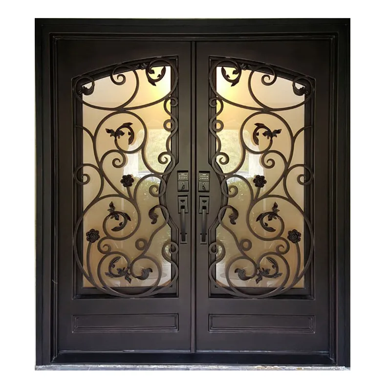 Wrought Iron Gate Door With Double Glass Opening Window Forged Doors Modern Security Popular Wrought Iron Gate Doors