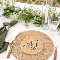 Sous-verre rond en paille tressée brodé fait main personnalisé pour décoration de table de mariage, vente en gros, style bohème naturel