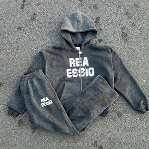 Streetwear Acid Washed Survêtement à fermeture éclair Hoodies Survêtement Ensemble Acid Wash Distressed Logo Pantalon de survêtement évasé et Sweat à capuche - Product Image 1