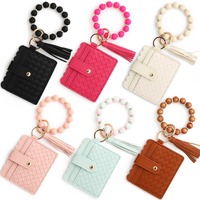 Kaarthouder sleutelhanger geweven geruite ruit gestreepte muntportemonnee dames ID creditcardhouder siliconen kwast kralen armband
