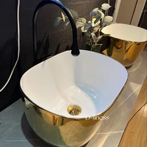 High Quality Customized Size Golden plated ceramic basin with hight 22 cm Bathroom Wash Basin Marble
