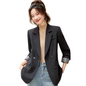 Women's Blazer Off White Solid Color Polyester Fabric Double Breasted Lapel Pocket Spring Autumn Wear - Product Image 5