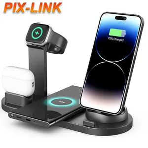 PIX-LINK QI Fast Charging 6in1 Phone Holder Station 6 in One Dock for iPhone 14 Apple iWatch Desk Stand 6 in 1 Wireless Charger