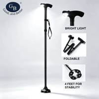 Canne de marche pliable en aluminium avec lumière LED, bâton de marche à quatre pieds réglable en hauteur pour personnes âgées, béquille antidérapante et stable