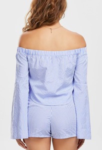 Personalizar mujeres fuera del hombro <span class=keywords><strong>manga</strong></span> <span class=keywords><strong>larga</strong></span> tipo campana <span class=keywords><strong>Crop</strong></span> <span class=keywords><strong>Top</strong></span> y pantalones cortos a rayas Set - Product Image 3
