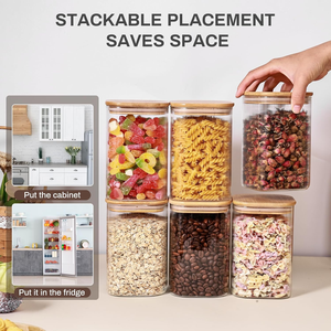 SINCERE 2025, tarros de almacenamiento de alimentos de vidrio cuadrados personalizados, tapas de bambú, superventas, organizador de cocina, contenedores de almacenamiento para cubierta de uso - Product Image 6