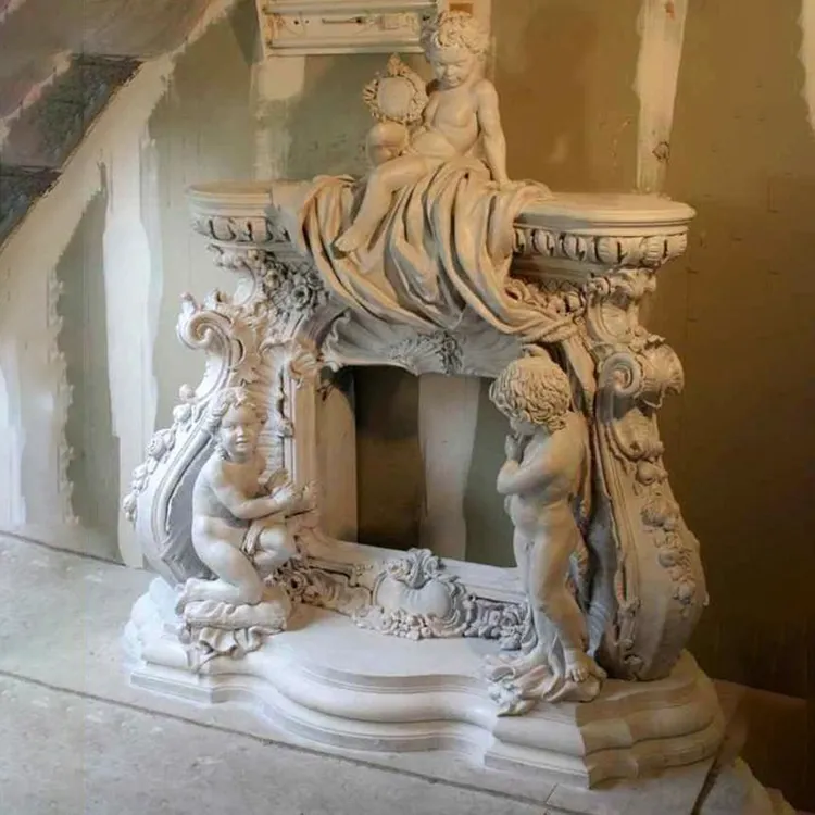 Figura de piedra Natural gris, estatua tallada en chimenea, diseño de querub, Mantel envolvente, directa de fábrica