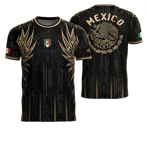 Maglia da Calcio Messicana per Uomo, Nera e Oro con Stampa Azteca, Uniforme da Gioco Sublimata, Collo Tondo, Manica Corta, Vestibilità Regolare per Adulti - Product Image 1