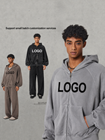 Conjunto de Sudadera con Capucha y Pantalones Deportivos Personalizados de Invierno, 480 g/m², Cierre de Cremallera, para Hombre, Talla Grande, Forro Polar, Logotipo Bordado, 100% Algodón
