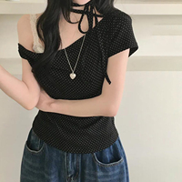 T-shirt asymétrique à pois pour femme, col noué sur le devant, manches courtes, mignon et décontracté, idéal pour l'été et les étudiantes