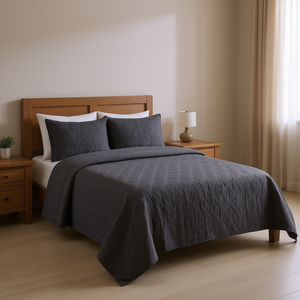 Db 3 Piece Dark Grey Queen <b>Bedspread</b> <b>Set</b> Cotton Quilted Plain Design For Home Use - Product Image 2