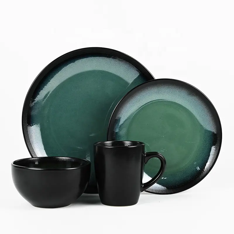 Klassisches Geschirr 16 Stück glasiertes Steinzeug Color Edge Ceramic Deep Green Reactive Glaze Geschirr-Sets