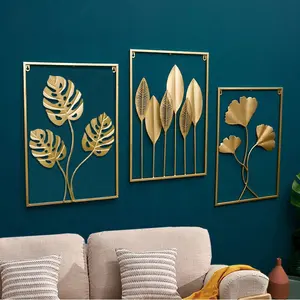 Gold Luxury Leaves Home living Room Cafe Rectangle Metal Wall Hanging Decor