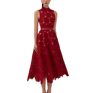 ODM New Dress Hollow jacquard Wine Red Dress Temperament Usually Wear Dress