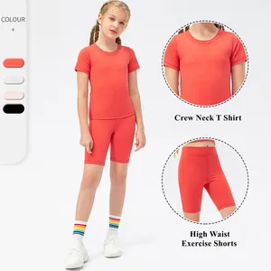 Young Girls Sportswear Solid Color Shorts Sleeve Exercise Tshirts High Waist Yoga Shorts 2 Pieces Set Children Sports Apparel