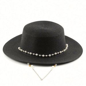 Wholesale Seaside Sunshade Paper Sun Beach <b>Hats</b> <b>Flat</b> Round Top Womens Straw <b>Hats</b> With Pearl Chain - Product Image 3