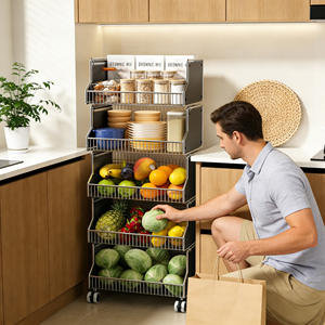 Chariot de rangement de cuisine style vintage, étagère mobile multi-niveaux pour fruits, légumes et collations, design à quatre roues - Product Image 3