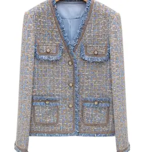 Manteau en tweed de luxe pour femme, élégant, de couleur bleue et grise, style français, collection automne et hiver 2022