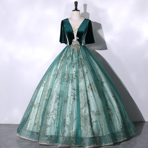 Nuovo <span class=keywords><strong>Abito</strong></span> Classico per Quinceañera, Elegante Vestito Verde Scuro a Palloncino con Maniche Corte, Lunghezza al Pavimento, con Paillettes, per <span class=keywords><strong>Cerimonia</strong></span> e Serata, Personalizzabile - Product Image 4