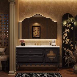 Meuble de salle de bain en bois massif de style français, design floral sculpté, finition laquée, miroir anti-buée, luxe léger - Product Image 3