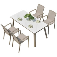 Ensemble de table et chaises de salle à manger d'extérieur moderne haut de gamme, avec chaise en maille Teslin et structure en alliage d'aluminium imperméable