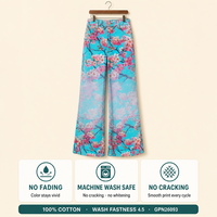 Jean taille haute à jambe large pour femme, imprimé numérique réactif, bleu cyan turquoise dégradé, motif fleurs de cerisier Sakura rose éclatant, couleur inaltérable