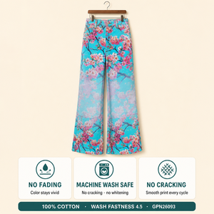 Jean taille haute à jambe large pour <span class=keywords><strong>femme</strong></span>, imprimé numérique réactif, bleu cyan turquoise dégradé, motif fleurs <span class=keywords><strong>de</strong></span> cerisier Sakura rose éclatant, couleur inaltérable - Product Image 4