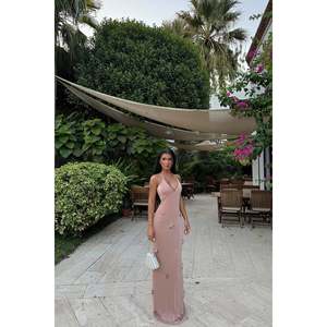 Vestido Largo Beige con Tirantes y Cuello Halter para Mujer, Elegante, para Fiesta, Tirantes Finos, Diseño Sólido, Talla XS, para Primavera/Otoño - Product Image 6