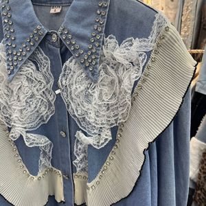 GX-2026 Nuova Camicetta in Denim <span class=keywords><strong>Blu</strong></span> Stile Francese con Sovrapposizione in <span class=keywords><strong>Pizzo</strong></span> - Camicetta Elegante - Product Image 2