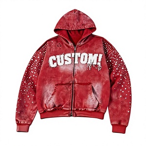 Hoodie streetwear à strass, broderie personnalisée effet vieilli, délavage acide, délavage à la pierre vintage, coupe oversize carrée, épaules tombantes, MOQ 10 - Product Image 1