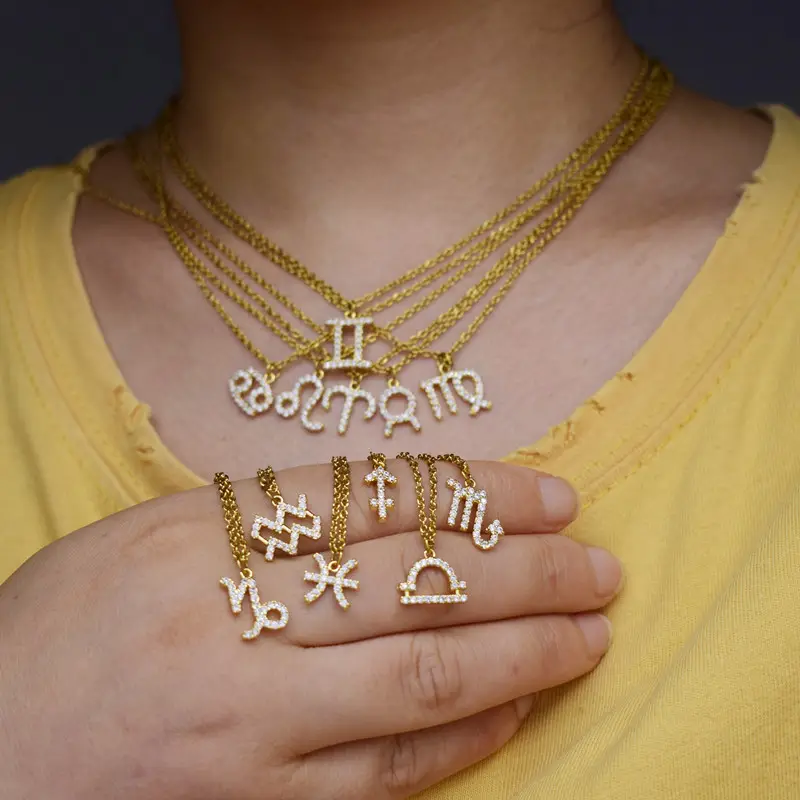 RFJEWEL थोक 2021 नई 18K सोना मढ़वाया लटकन लक्जरी महिलाओं के लिए जिक्रोन हीरा राशि चक्र पर हस्ताक्षर हार jewellry