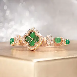 High End Elegant Lady Style Rose Gold Plated 30M Waterproof Copper Bracelet Green Jade Diamond Quartz Watch For Women