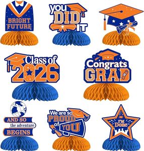 Centres <span class=keywords><strong>de</strong></span> table en nid d'abeille orange et bleu pour la remise des diplômes, décorations <span class=keywords><strong>de</strong></span> table « Vous l'avez fait ! » pour les fournitures <span class=keywords><strong>de</strong></span> fête des diplômés <span class=keywords><strong>de</strong></span> la promotion 2026 - Product Image 1