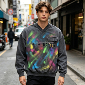 Sweat-shirts surdimensionnés à col en V pour hommes, personnalisables, effet délavé, broderie streetwear, fabrication OEM/ODM, sweat-shirt épais pour hommes effet délavé - Product Image 2