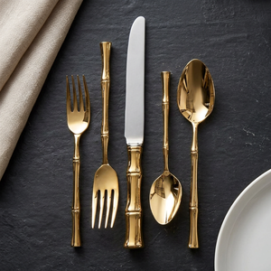 Juego de Cubiertos Modernos de Lujo en Acero Inoxidable Dorado con Mango Estilo Bambú |   En Stock |   Para Bodas y Eventos |   Venta al por Mayor de Fábrica - Product Image 4