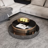 Mobilier d'art moderne en acier inoxydable brillant, table basse rotative en verre noire et dorée à dessus relevable pour usage domestique