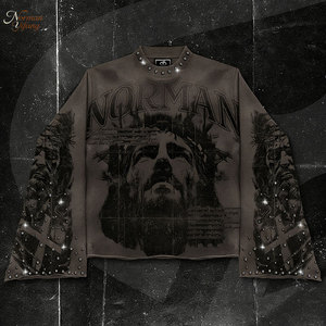 T-shirt da <span class=keywords><strong>uomo</strong></span> a <span class=keywords><strong>maniche</strong></span> <span class=keywords><strong>lunghe</strong></span> in cotone pesante, personalizzata, di alta qualità, stile streetwear, con grafica e strass, taglie forti, effetto distressed - Product Image 1