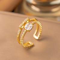 Bague à nœuds ouverte de style coréen avec oreilles de lapin mignonnes et design de feuille incrusté de pierres naturelles pour l'index des femmes