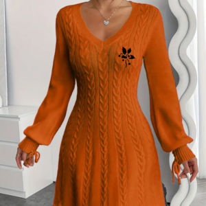 Vestido fino de malha com decote em v, elegante manga lanterna, roupas femininas para outono e inverno - Product Image 1