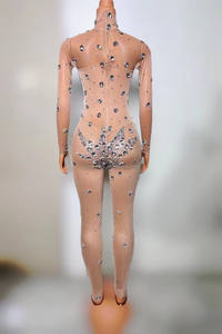 Combinaison moulante en maille argentée sexy avec diamants intégrés, manches longues, anneaux acrobatiques, bar, boîte de nuit, costume de scène DS pour soirée - Product Image 2