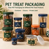 Pot en plastique transparent personnalisé en PET pour friandises pour animaux de compagnie, avec couvercle adhésif et étiquette, vente en gros, qualité alimentaire, pour chiens et chats