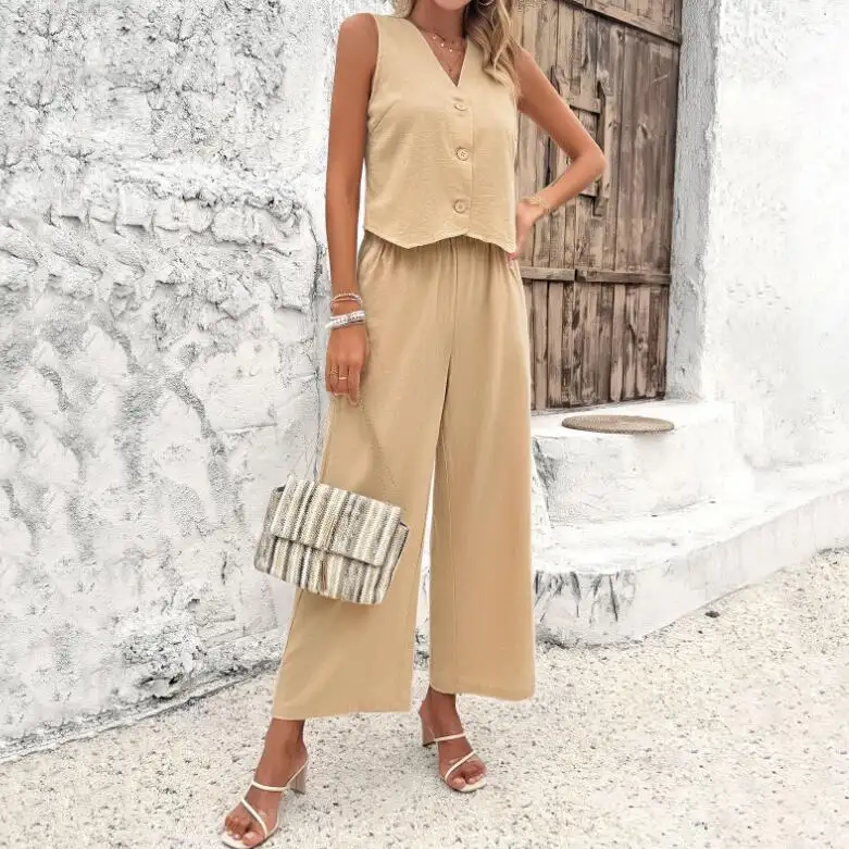 Women Summer Sexy Dressy Casual Women's Suits Sleeveless Cotton Linen Wide Leg Elegant Vest And Pant Sets