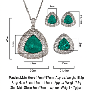 High Quality Eco-friendly Copper Triangle Cut 17*17mm & 12*12mm Green Zircon Necklace <b>Earrings</b> Ring Set Geometric Jewelry Set - Product Image 4