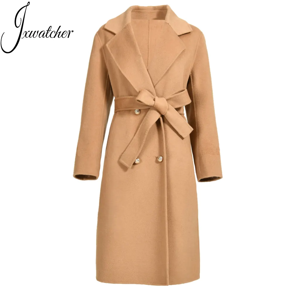 Elegant Winter Cashmere Handmade Wool Coats for Ladies Double Faced Slim Style Belt Wholesale Double Breasted Wool Coat Women