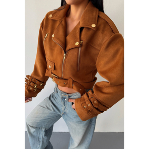 Chaqueta Corta de Ante Vintage Color Bronceado con 3 Mangas, Detalle de Cinturón, Piel de Oveja y Satén para Primavera/Invierno, Teñida de Poliéster y Algodón - Product Image 3