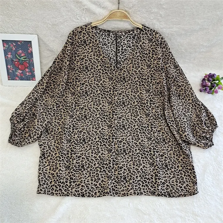 Cotton Spandex Vintage Blouse Leopard Printed Puffy Sleeve Summer Elegant Blouses For Women