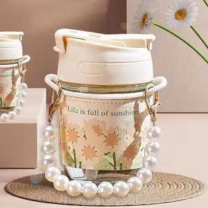 Nouvel arrivage de tasse en verre de beauté Bouteille de perles imprimées Tasse à eau portable en paille Cadeau Tasse à café double boisson avec main