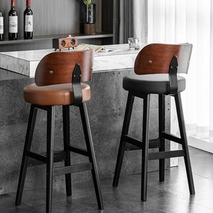 Chaise <span class=keywords><strong>de</strong></span> <span class=keywords><strong>bar</strong></span> sans accoudoirs en <span class=keywords><strong>bois</strong></span> massif, style rétro, luxe léger, cuir véritable, dossier haut, style européen, durable - Product Image 4