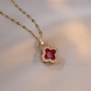 Collar con Colgante de Trébol de Cuatro Hojas de Moda, Chapado en Oro, Acero Inoxidable, Cadena de Clavícula de Cristal, Cadena de Eslabones Clásica, Forma de Flor - Product Image 3