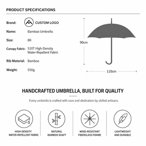 Minimalist 60mph Windproof Luxury Business Style 110cm Diameter Manual Open Bamboo Curved Handle Custom Logo Straight <b>Umbrella</b> - Product Image 2